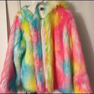 Rainbow Hooded Faux Fur Jacket
